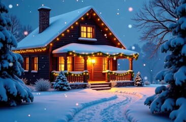 A cozy wooden cabin cottage chalet house covered in snow near ski resort in winter with the lights turn on, evening picture