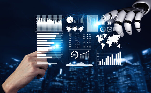 A visually striking representation of digital data analysis featuring a robot hand interacting with various statistics and graphs in a modern urban setting. Impute - Powered by Adobe
