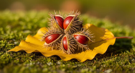 An extreme close-up of shiny chestnuts in their open spiky husk, resting on a single yellow autumn leaf on a bed of green moss
