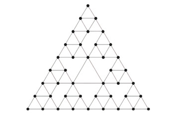 Triangular mesh network with interconnected nodes depicting organizational hierarchy, structural design, and digital networking on transparent backdrop