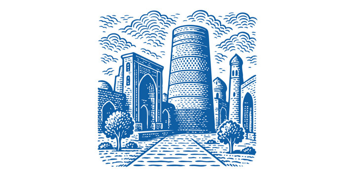 blue city landscape drawing, buildings, clouds clip art preview