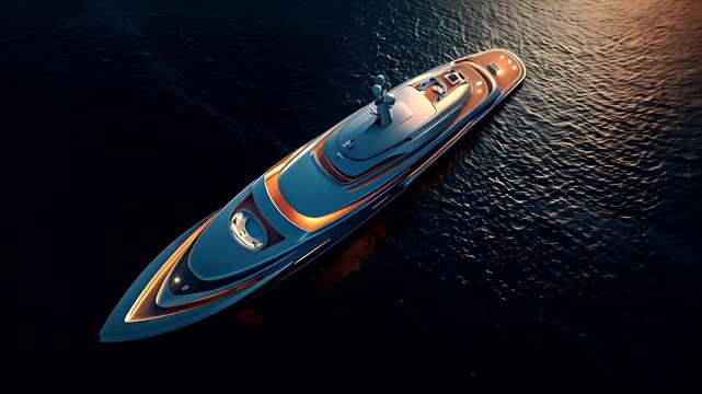 Aerial view of luxury yacht on water with dark blue water and ripples. The yacht is predominantly blue with orange accents, and it has a sleek design with a pointed bow and a flat stern.