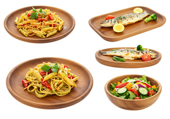 Wooden Serving Dishes: Pasta, Fish, & Salad Presentation on white background