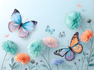Delicate Butterflies and Soft Flowers in Pastel Colors on a Light Blue Background image photo