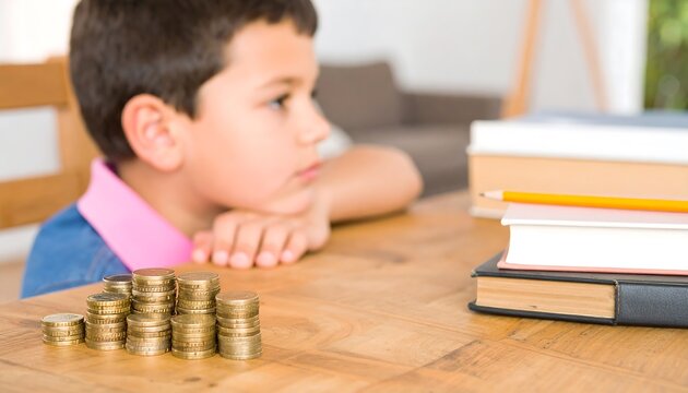 A young boy thoughtfully gazes at coins on a table
