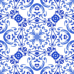 Portuguese style ceramic blue Damask tiled decorative cross with florishes. Gorgeous seamless watercolor pattern Floral Azulejo tile wall design arabesque tiles print