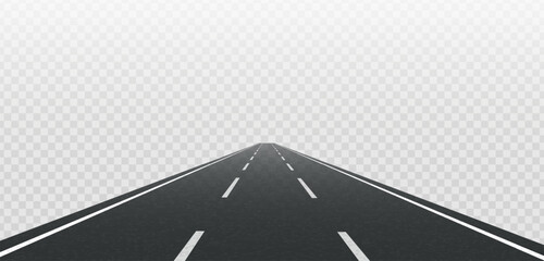 Straight road highway with white lines on the roadside and  broken center lines. Road background with three lanes. Vector illustration