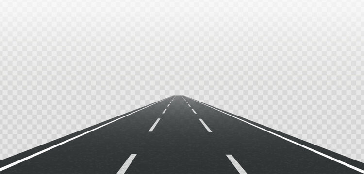 Fototapeta Straight road highway with white lines on the roadside and  broken center lines. Road background with three lanes. Vector illustration