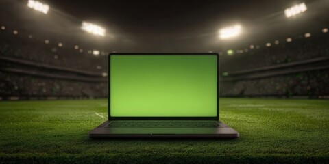 Laptop with Green Screen on Soccer Field at Professional Match