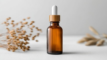 Amber glass tincture bottle with dropper cap. Natural wellness product template