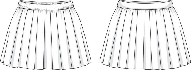 Women's Pleated Mini Skirt with Elastic Waistband, Fashion Flat Sketch for Apparel Design, Trendy CAD Drawing, Front and Back View