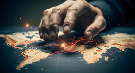 Hand of a man controlling connections on a world map. Global economic strategy and geopolitical influence concept for finance.