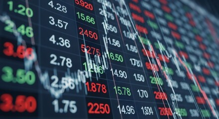 Stock market number display with red and green digits and bar charts. Finance crisis and investment data.