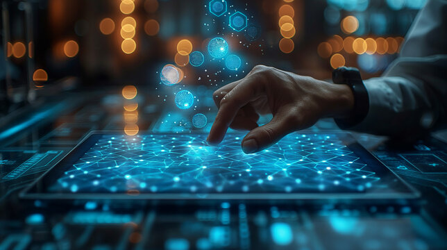 Hand interacts with futuristic digital tablet. High-tech network interface concept for data processing, innovation, AI, and modern technological systems.