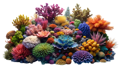 Colorful and diverse coral reef ecosystem, highlighting various species and formations isolated on transparent background
