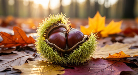A backlit close-up of fresh chestnuts in an open spiky husk, resting on colorful autumn leaves on the forest floor during a warm sunset
