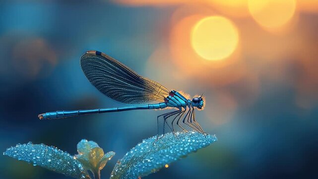 Azure Damselfly at Sunrise: Dew-Kissed Wings, Golden Hour Beauty
