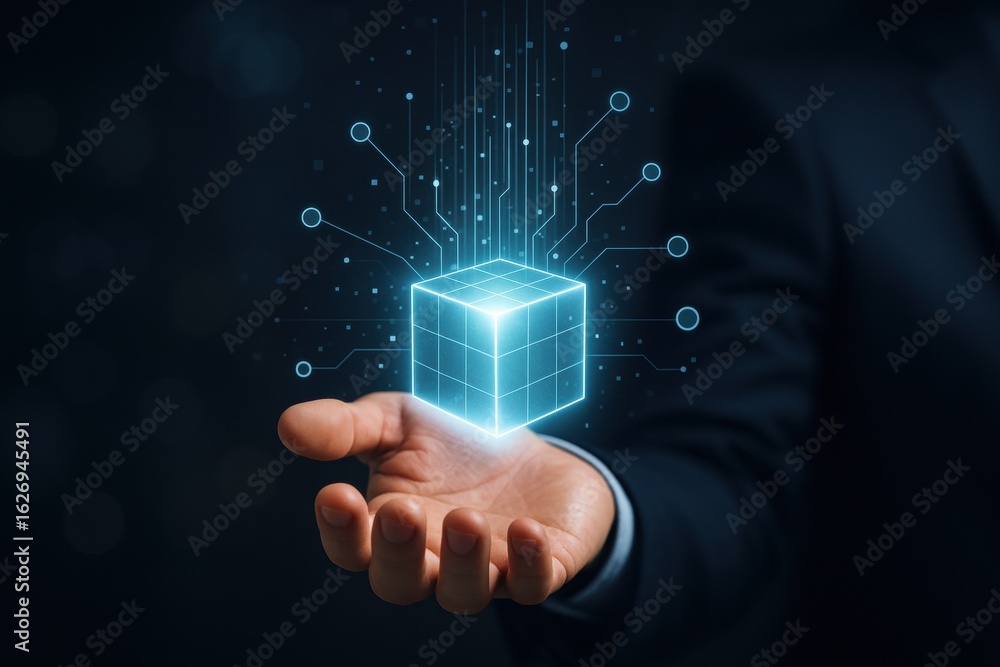 Poster digital cube in hand: a futuristic visual of a glowing digital cube held aloft within the palm of a 