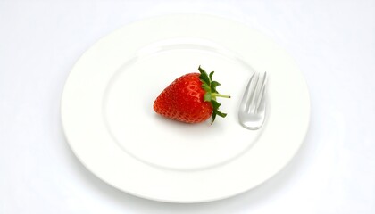 Single strawberry on a white plate with a fork