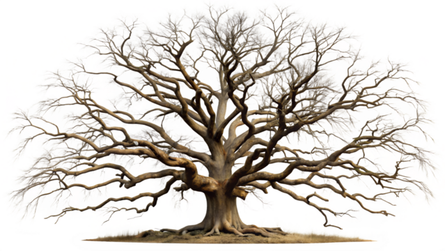 Majestic bare oak tree with gnarled branches, isolated on transparent background