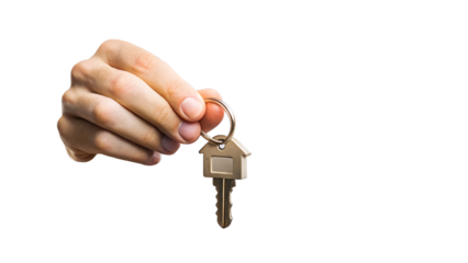 Hand holding a house shaped key isolated on transparent background