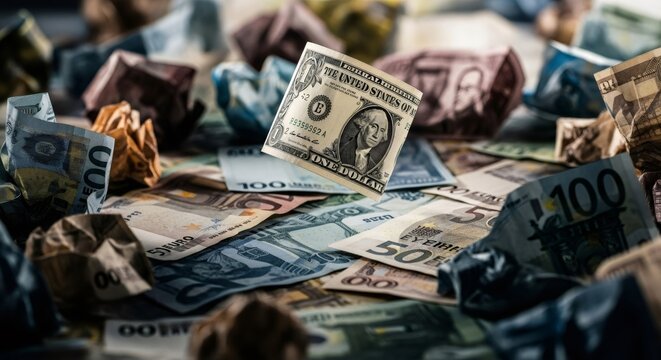 Crumpled international banknotes with a floating one dollar bill. Concept of economic war, inflation, and financial crisis. - Powered by Adobe