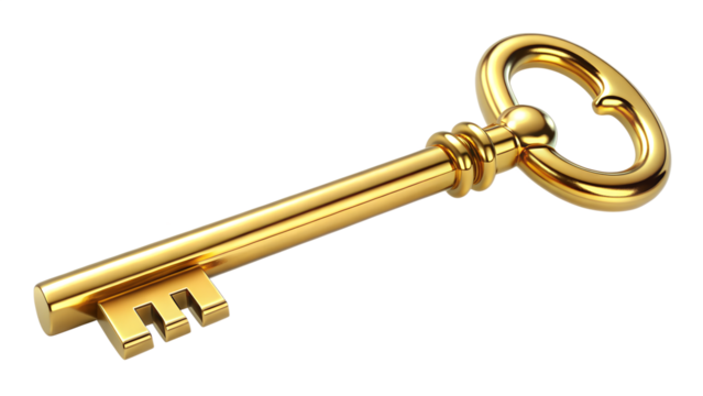 A single ornate golden key isolated on a transparent background