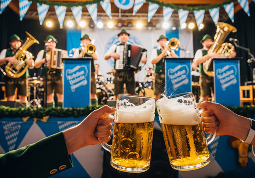 A first-person point of view shot of two people toasting and splashing beer from their large glass mugs at Oktoberfest.