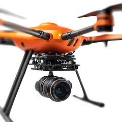 Close-up of vibrant orange drone with mounted camera on transparent background