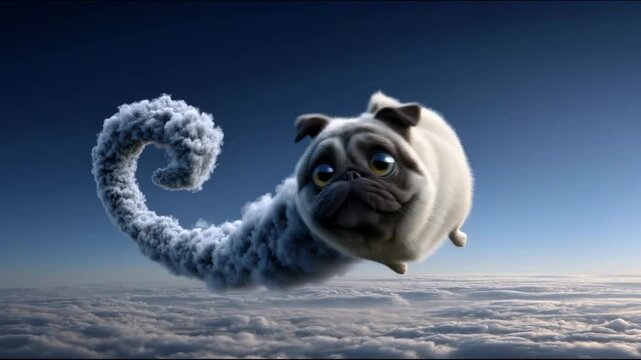 A pug dog flying through the clouds with a long spiral trail of smoke behind it