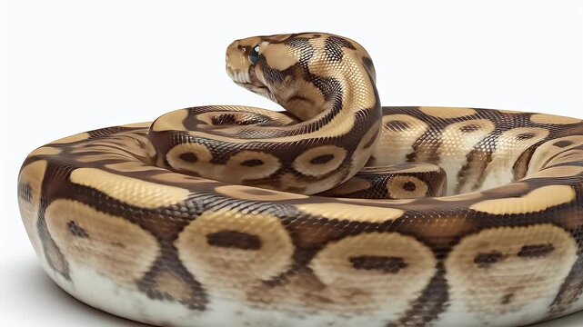 Ball Python Coiled: Close-Up of Exotic Pet Snake on White Background