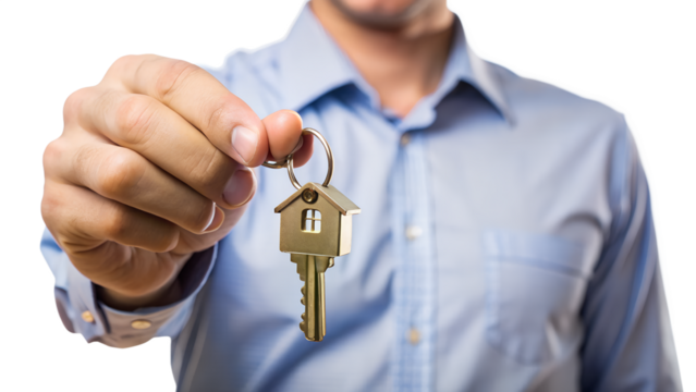 Man in blue shirt holding a house shaped key isolated on transparent background
