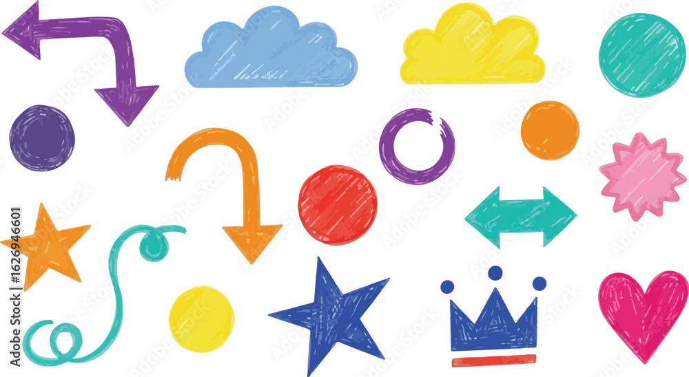 Poster collection of colorful hand drawn shapes and icons isolated on transparent background