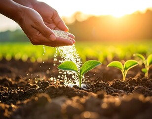 Hands watering young seedling in fertile soil at dawn