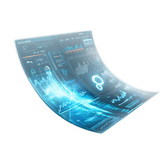 Futuristic curved holographic digital dashboard displaying interactive data visualizations and analytics on a translucent transparent interface