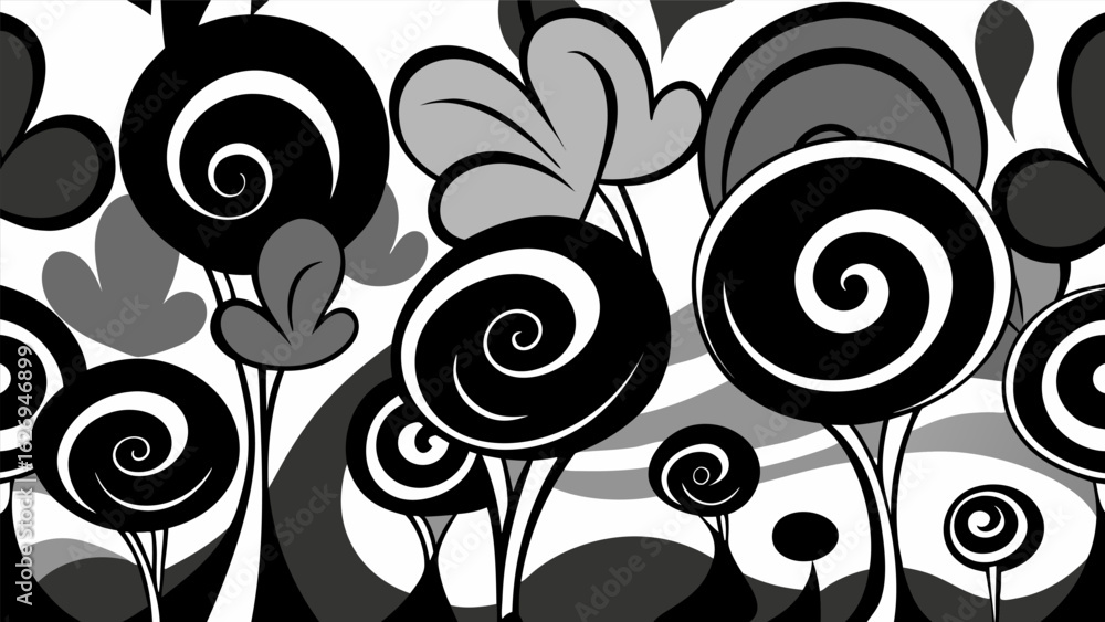 Poster vector art of a whimsical black and white abstract illustration featuring stylized trees with swirli