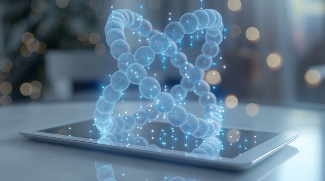  Futuristic 3D DNA helix floating above digital tablet. Biotechnology and virtual reality concept for innovation, science apps, and education.