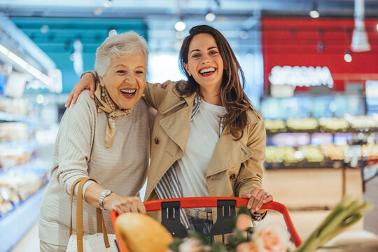 Joyful Shopping Experience with Multigenerational Women at the Supermarket