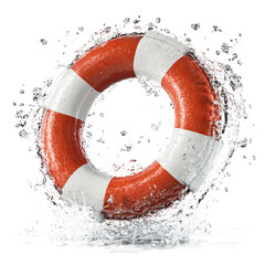 Red and white lifebuoy ring with dynamic water splashes on transparent background isolated safety equipment