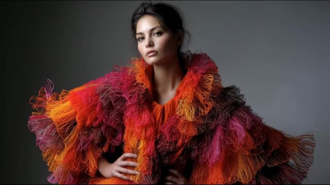 Woman in bright, layered clothing with orange, red and pink threads posing on dark background with hands on waist