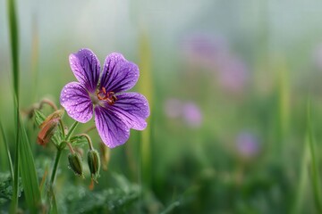 Fototapeta premium Close-up of a vibrant purple geranium flower in a lush green meadow, surrounded by soft greenery, featuring ample copy space for text or design integration.