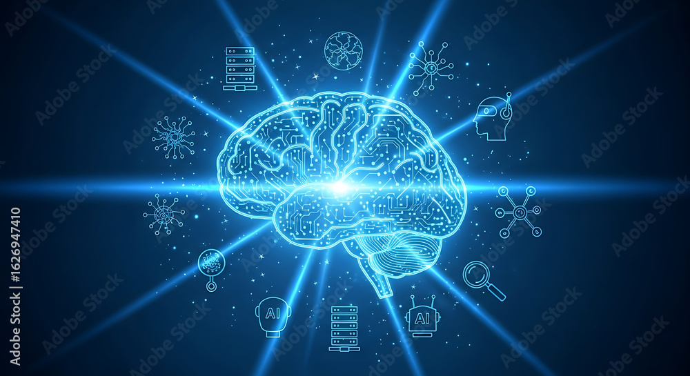 Aufkleber glowing brain with ai icons and data servers on a blue background with radiating light beams design
