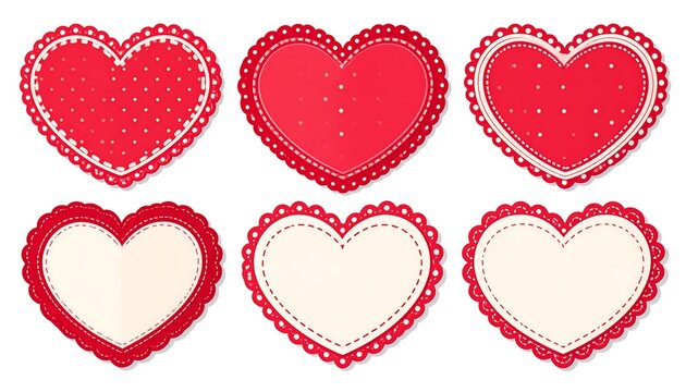 Six red and cream-colored heart shapes with decorative lace borders - Powered by Adobe