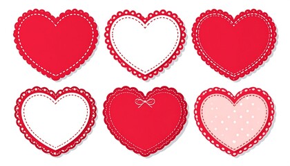 Six red heart shapes with white interior design elements
