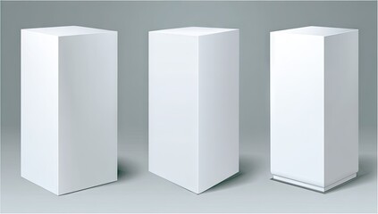 Three blank white cube display stands on a neutral background.