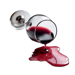 Spilled red wine pouring from tipped glass with liquid pooling on surface isolated on transparent background
