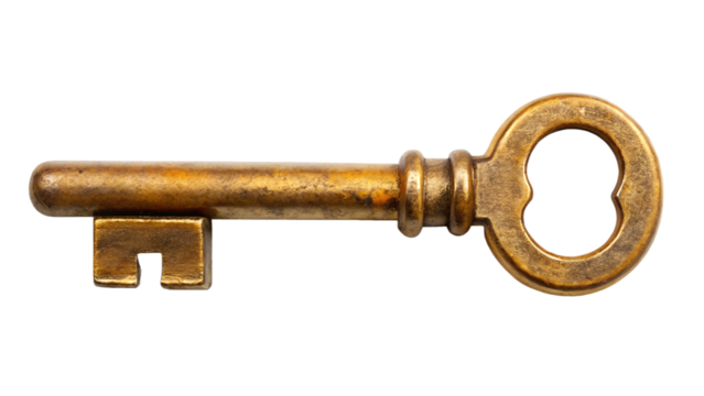 Antique brass skeleton key isolated on transparent background