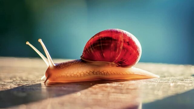 A close-up shot of a small snail slowly moving on a wooden surface, with its beautiful red shell glowing in the sunlight.