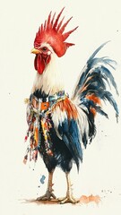 Watercolor Rooster with Scarf