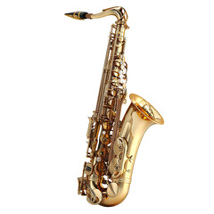 Golden saxophone isolated on transparent background with detailed reflections and smooth curves